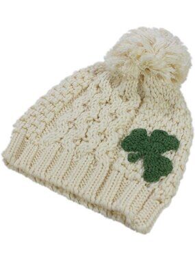 Celtic Aran Knit Kids Bobble Hat with Shamrock Design - Cozy Winter Accessory